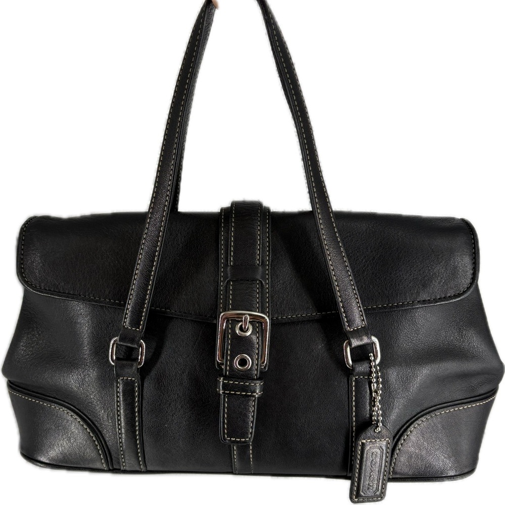 COACH vintage Hamptons Black Leather Flap Purse black hand bag - Picture 1 of 15